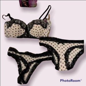 Sexy Light Pink, Black Polka Dot Push Up Bra, Bikini Panties & Thong 3 Piece Set